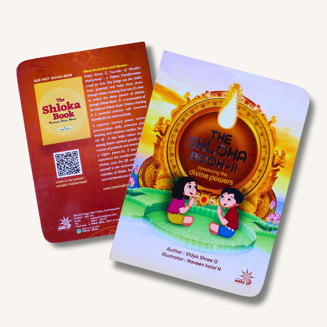 Illustrated Shloka book set for kids featuring daily routine mantras and Hindu gods shlokas, designed for early learning and spiritual growth.