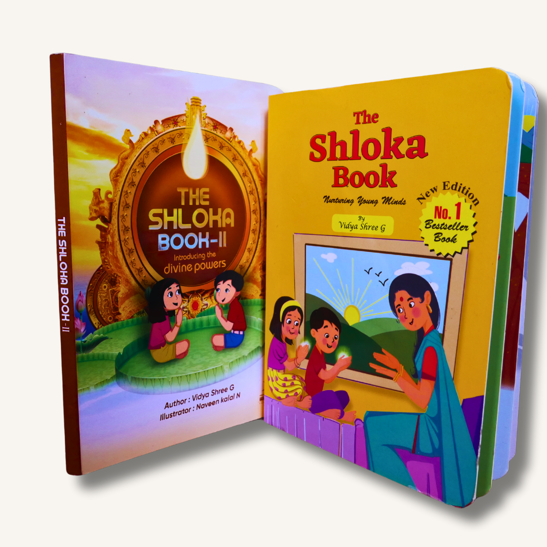 Illustrated Shloka book set for kids featuring daily routine mantras and Hindu gods shlokas for early spiritual learning.