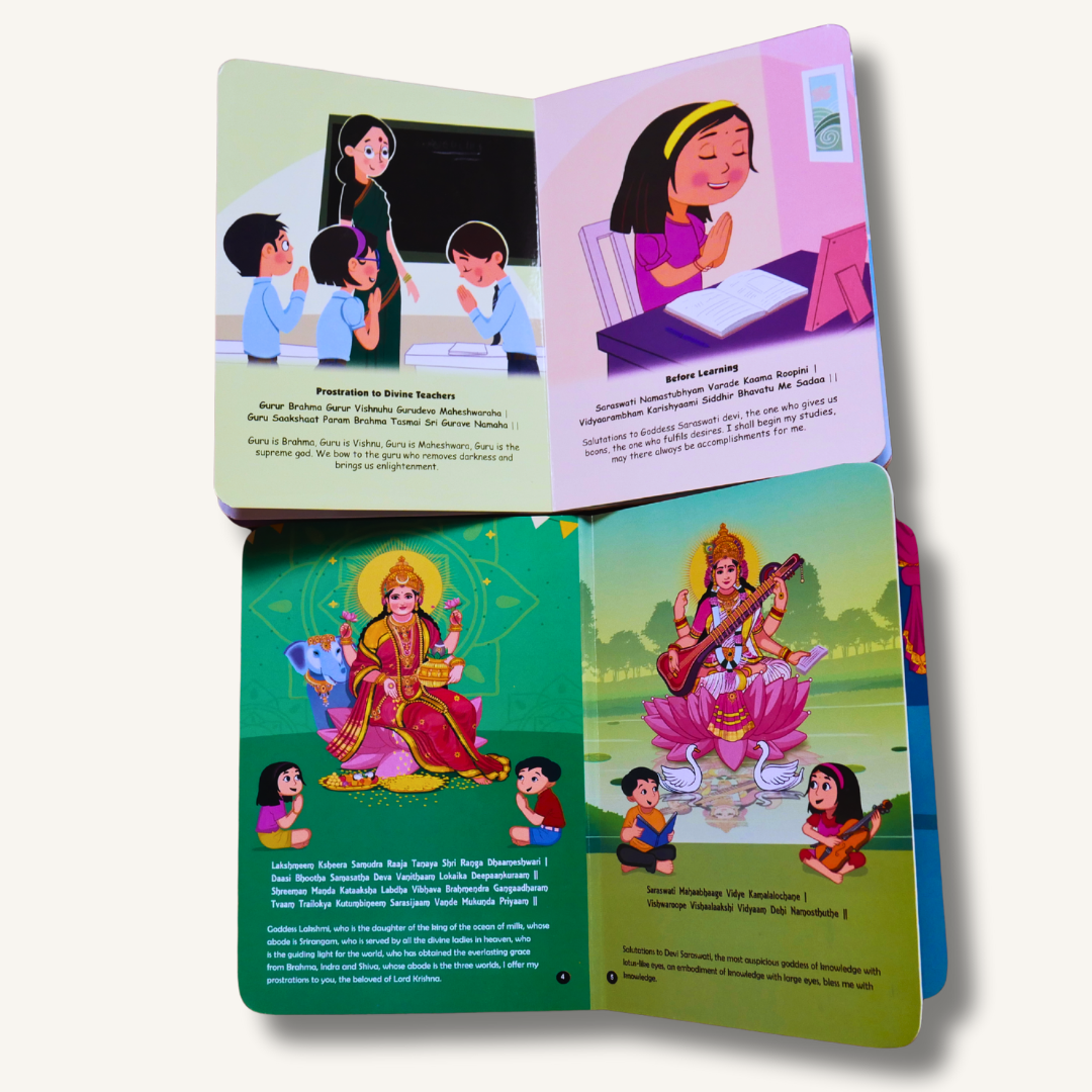 Illustrated Shloka book set for kids by Mindful Motherhood, featuring daily routine mantras and Hindu gods shlokas for early learning