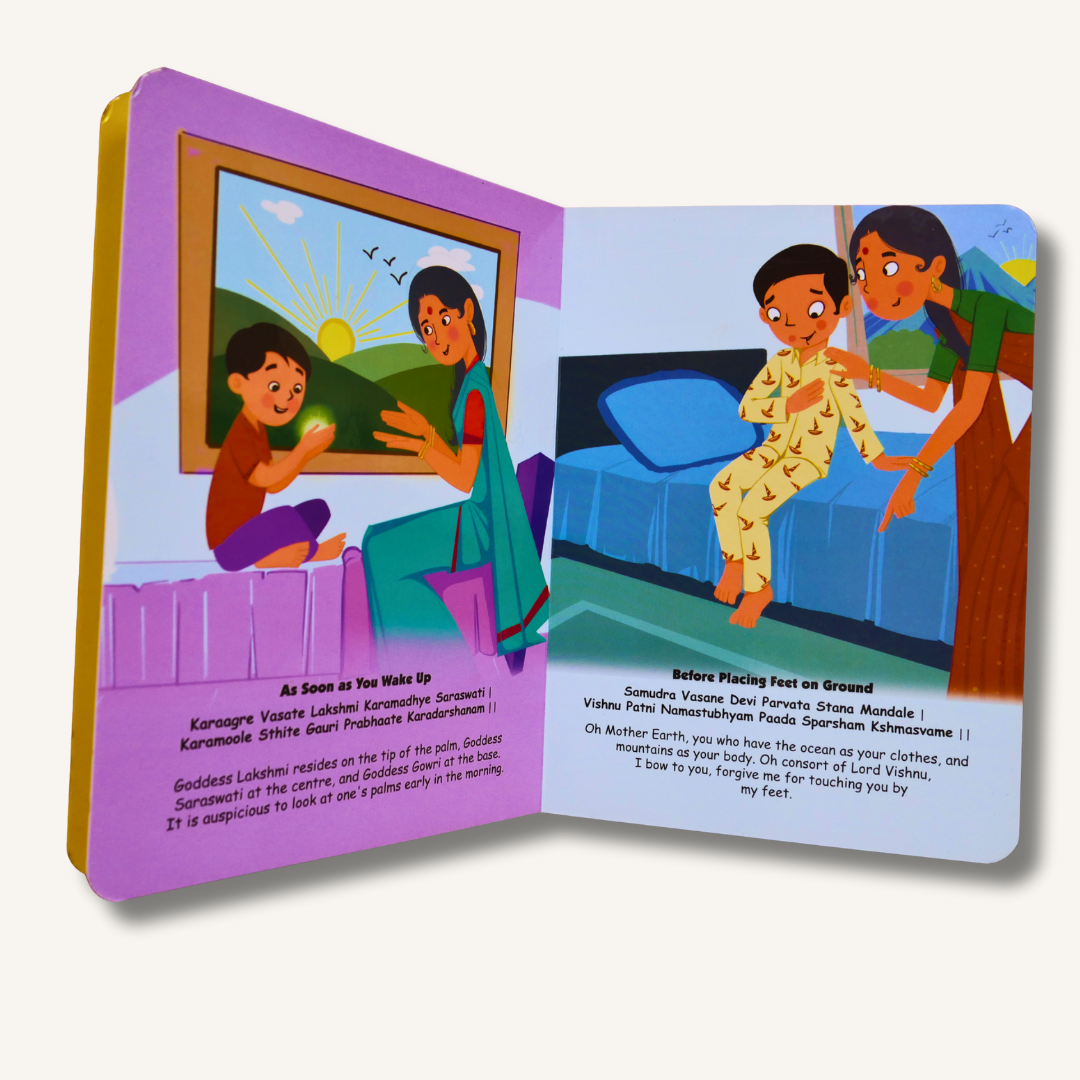 Illustrated Shloka book set for kids by Mindful Motherhood, featuring daily routine mantras and Hindu gods shlokas for early learning.
