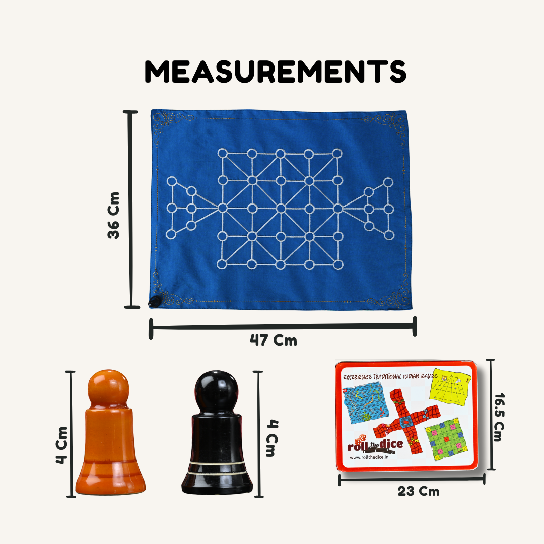 Sixteen soldiers board game by Roll the Dice, featuring colorful game pieces and traditional SholoGutti setup on a game board.