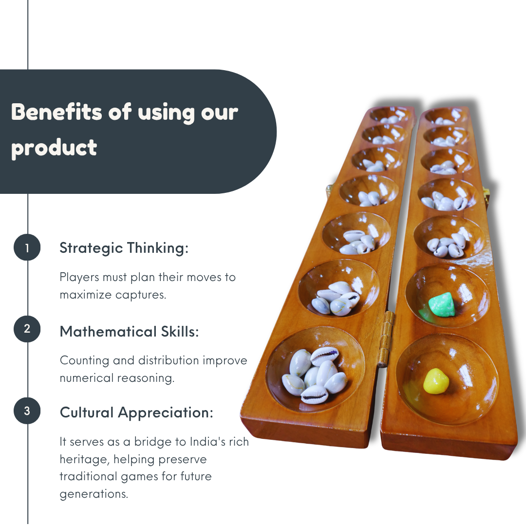 Teak Pallanguzhi board game called Aliguli Mane by Roll the Dice, featuring traditional Vamana guntalu design on a wooden board.