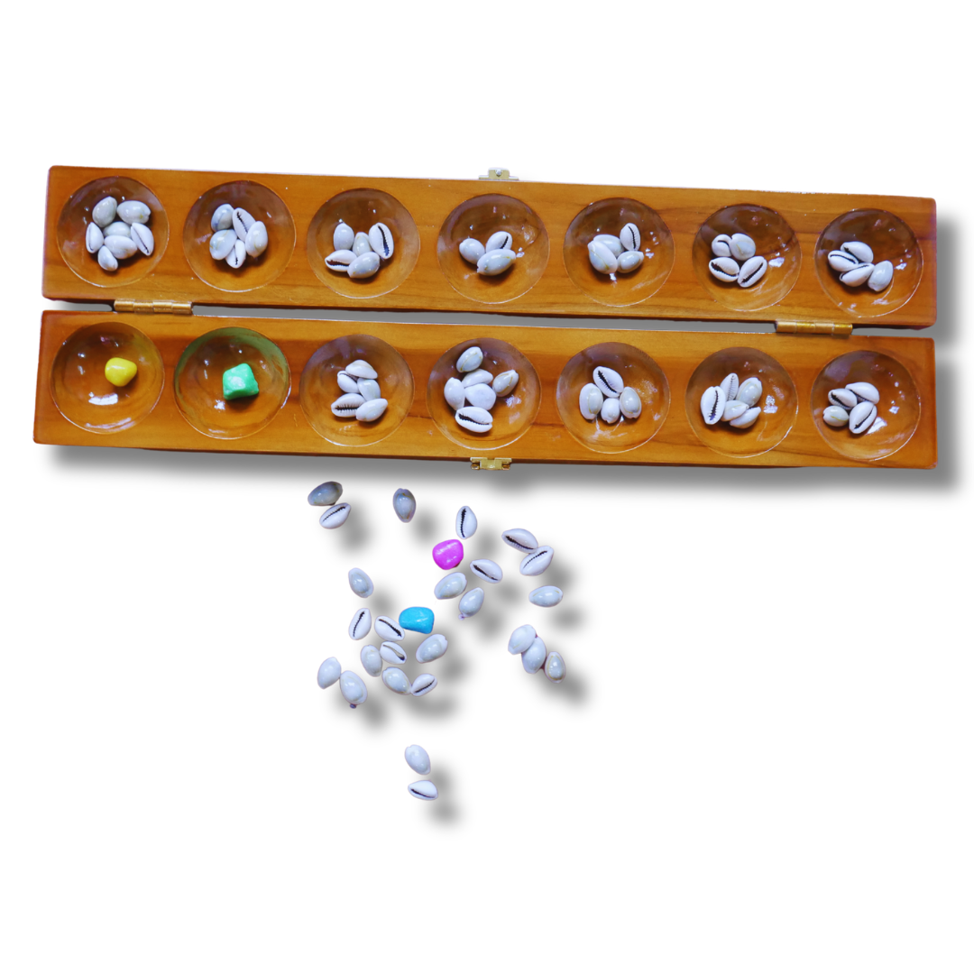 Teak Pallanguzhi Aliguli Mane board game by Roll the Dice, traditional Vamana guntalu Chenne mane game with 12 pits and beads.
