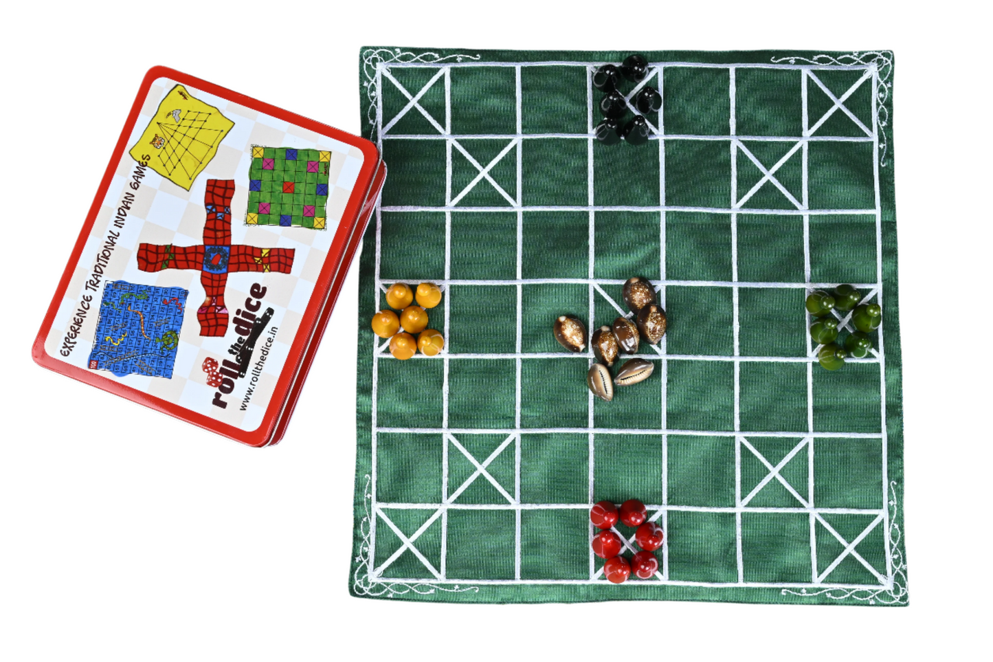 Chowka Bara 7 Houses Traditional Indian Board Game | Handmade Mat & Channapatna Pawns