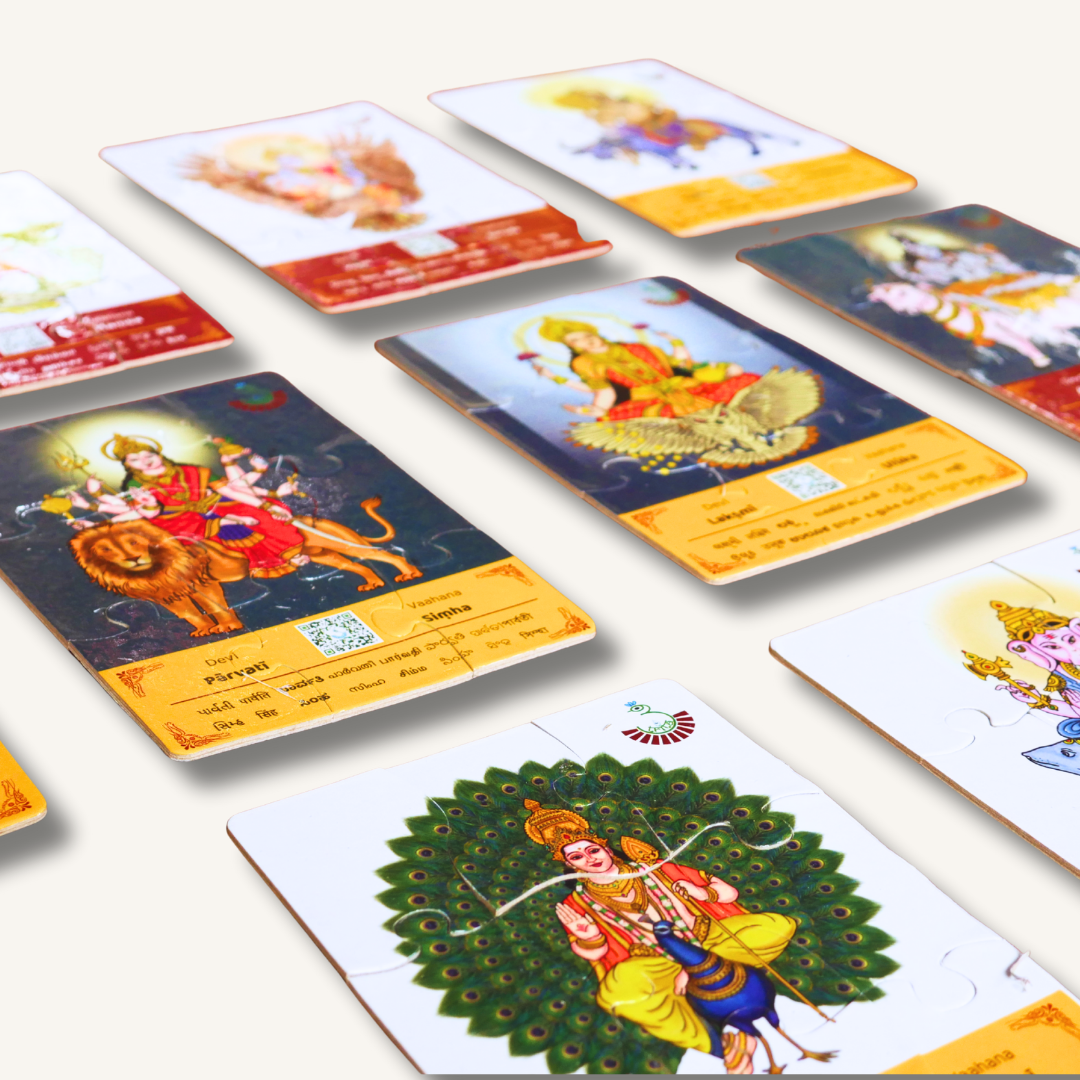 Colorful Devata Vahanas jigsaw puzzle by Trita featuring traditional Indian deities and their divine vehicle images.