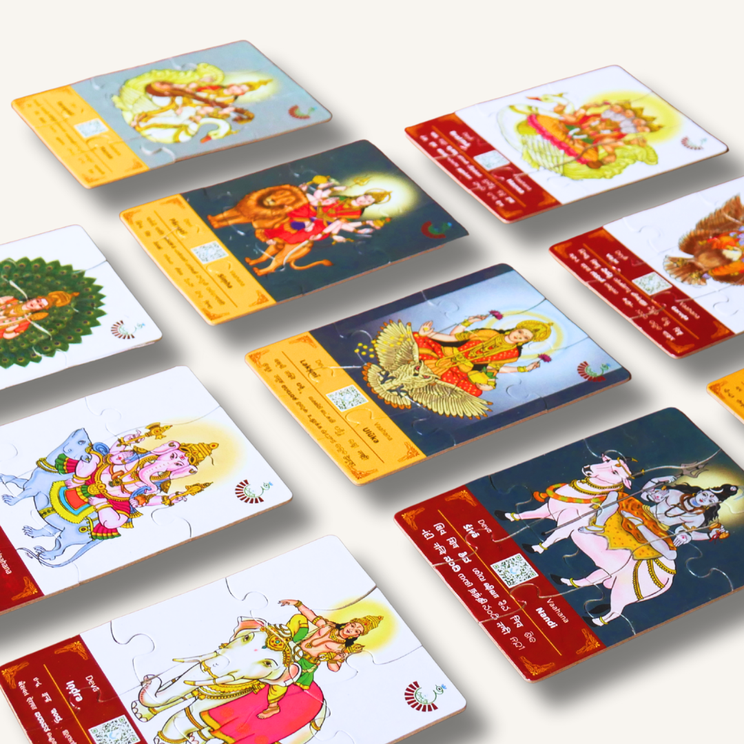 Colorful Devata Vahanas jigsaw puzzle by Trita Bharatiya Parampara featuring traditional Hindu deity vehicle images.