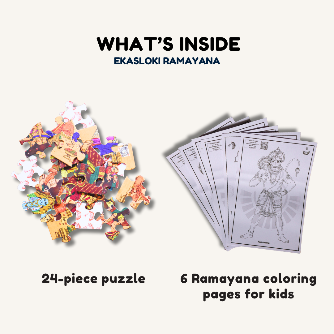 Trita Bharatiya Parampara Ekashloki Ramayana jigsaw puzzle for kids, colorful image showing detailed puzzle pieces and Ramayana characters.
