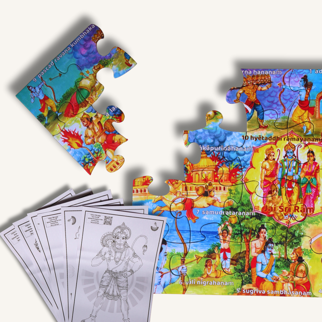 Trita Bharatiya Parampara Ekashloki Ramayana jigsaw puzzle for kids, featuring colorful Rama and mythological scene.