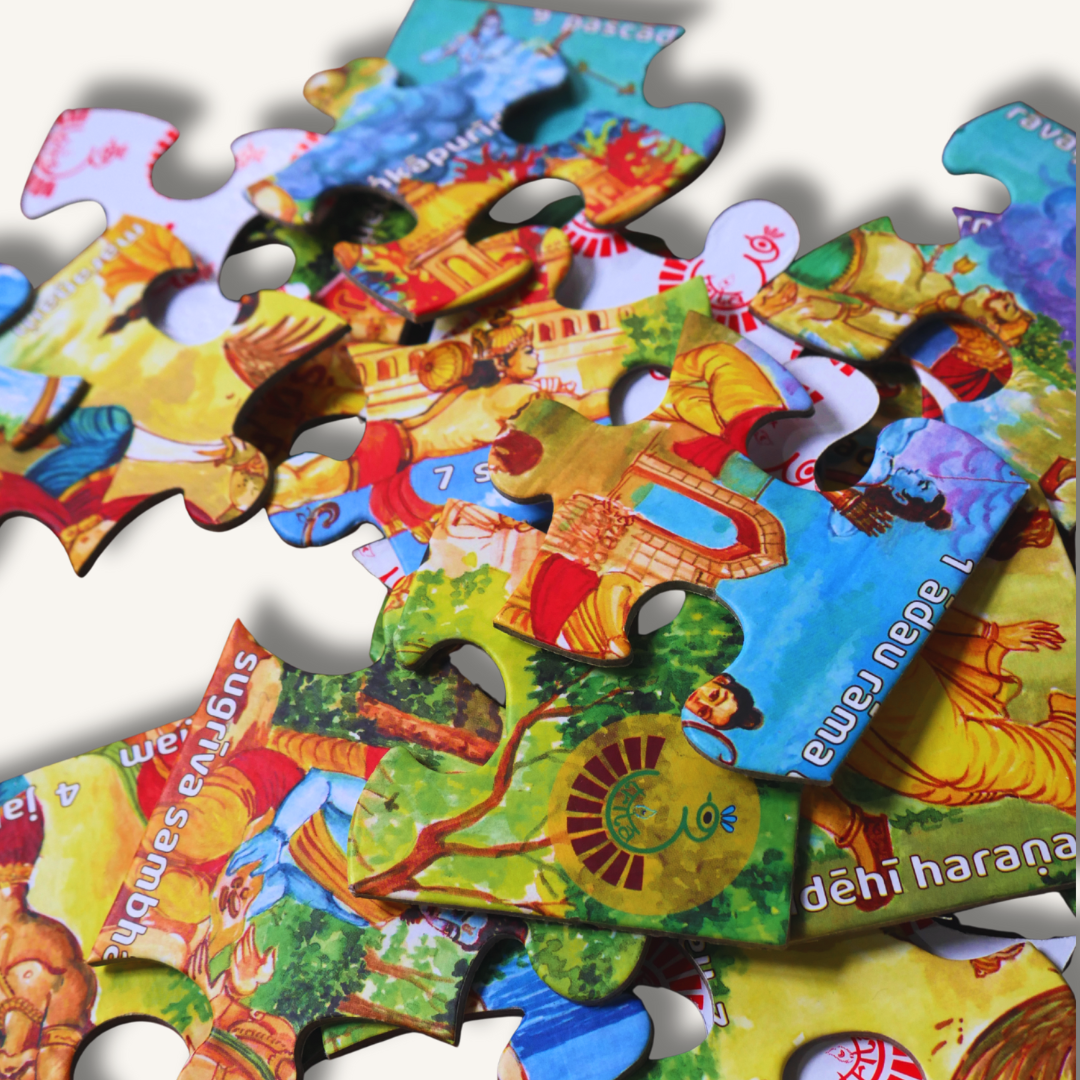 Colorful Ekashloki Ramayana jigsaw puzzle for kids by Trita, featuring vibrant artwork from the Ramayana epic.