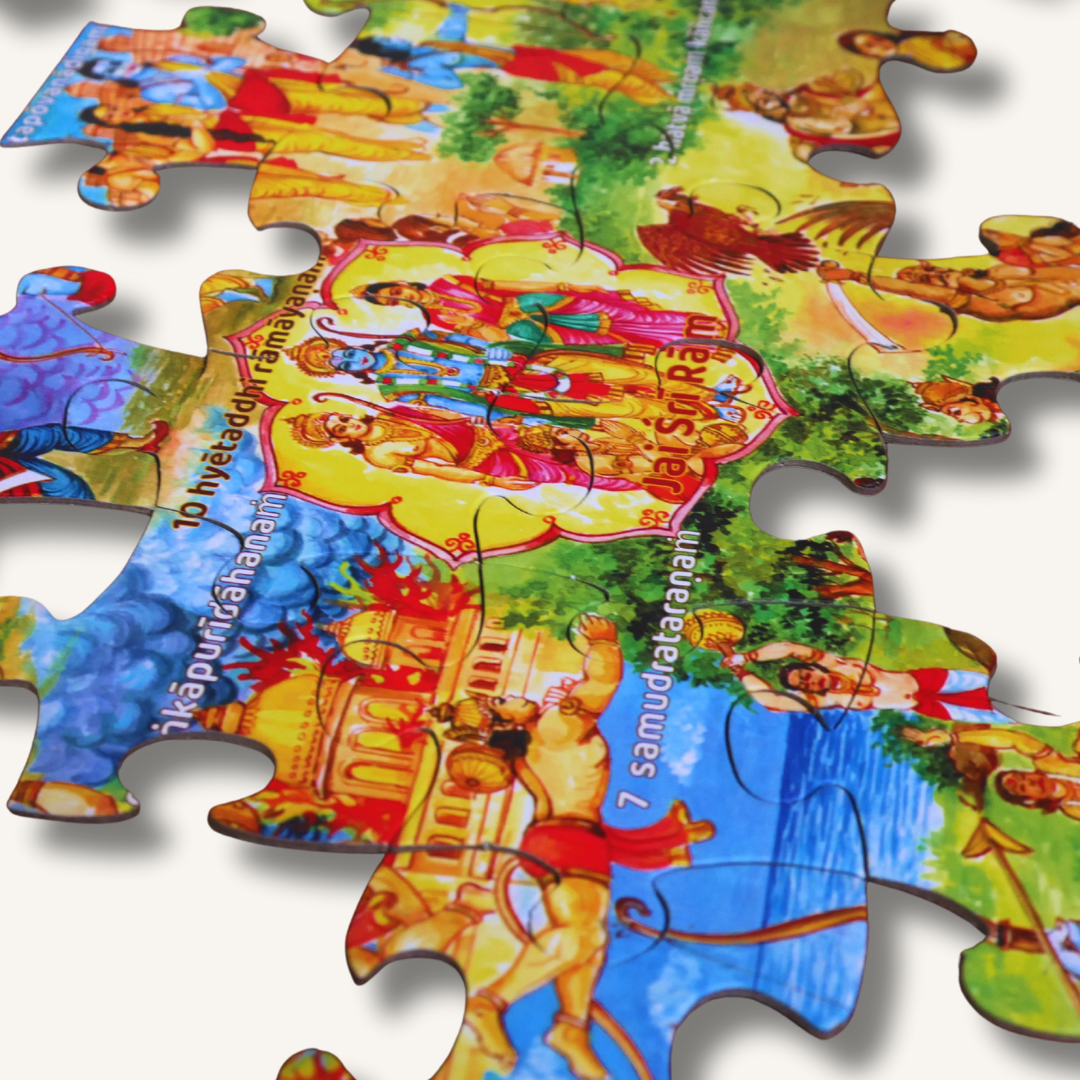 Trita Bharatiya Parampara Ekashloki Ramayana jigsaw puzzle for kids featuring colorful illustrations of Ramayana characters and scenes.
