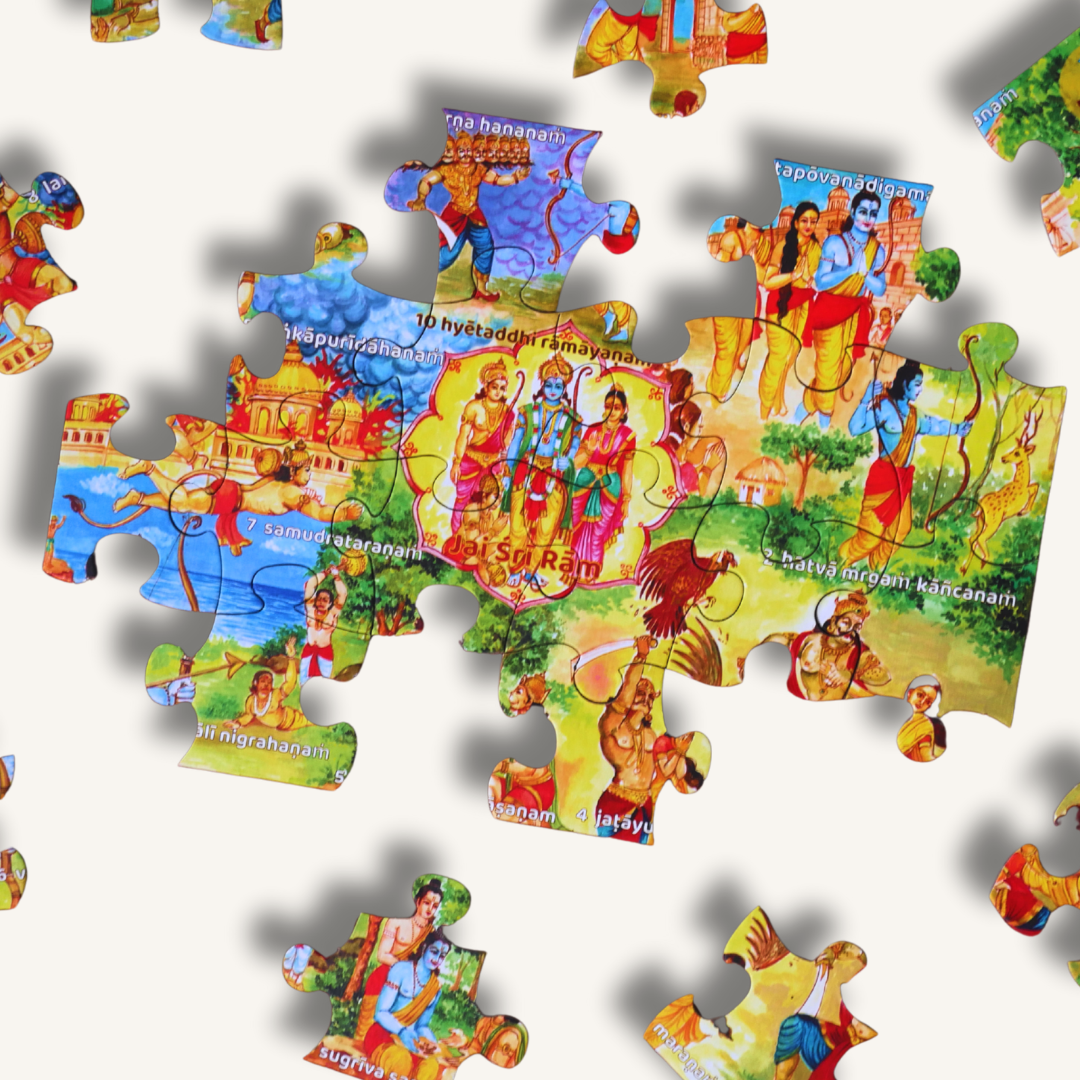 Trita Bharatiya Parampara Ekashloki Ramayana jigsaw puzzle for kids featuring colorful illustrations of Ramayana characters and scenes.