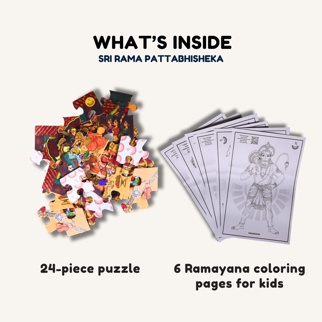 Jigsaw puzzle featuring Sri Rama Pattabhisheka, designed for kids, by Trita - Bharatiya Parampara, with colorful traditional artwork.