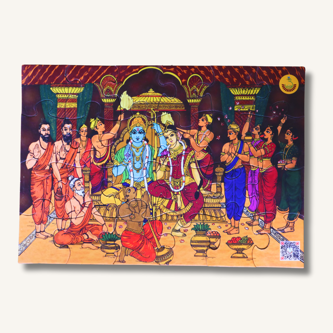 Colorful Sri Rama Pattabhisheka jigsaw puzzle for kids by Trita, featuring vibrant images of Lord Rama’s coronation scene.