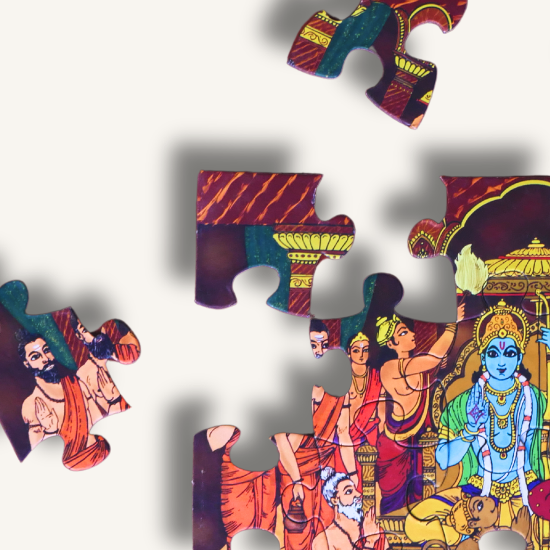 Colorful Sri Rama Pattabhisheka jigsaw puzzle for kids by Trita, featuring vibrant images of Lord Rama's coronation scene.