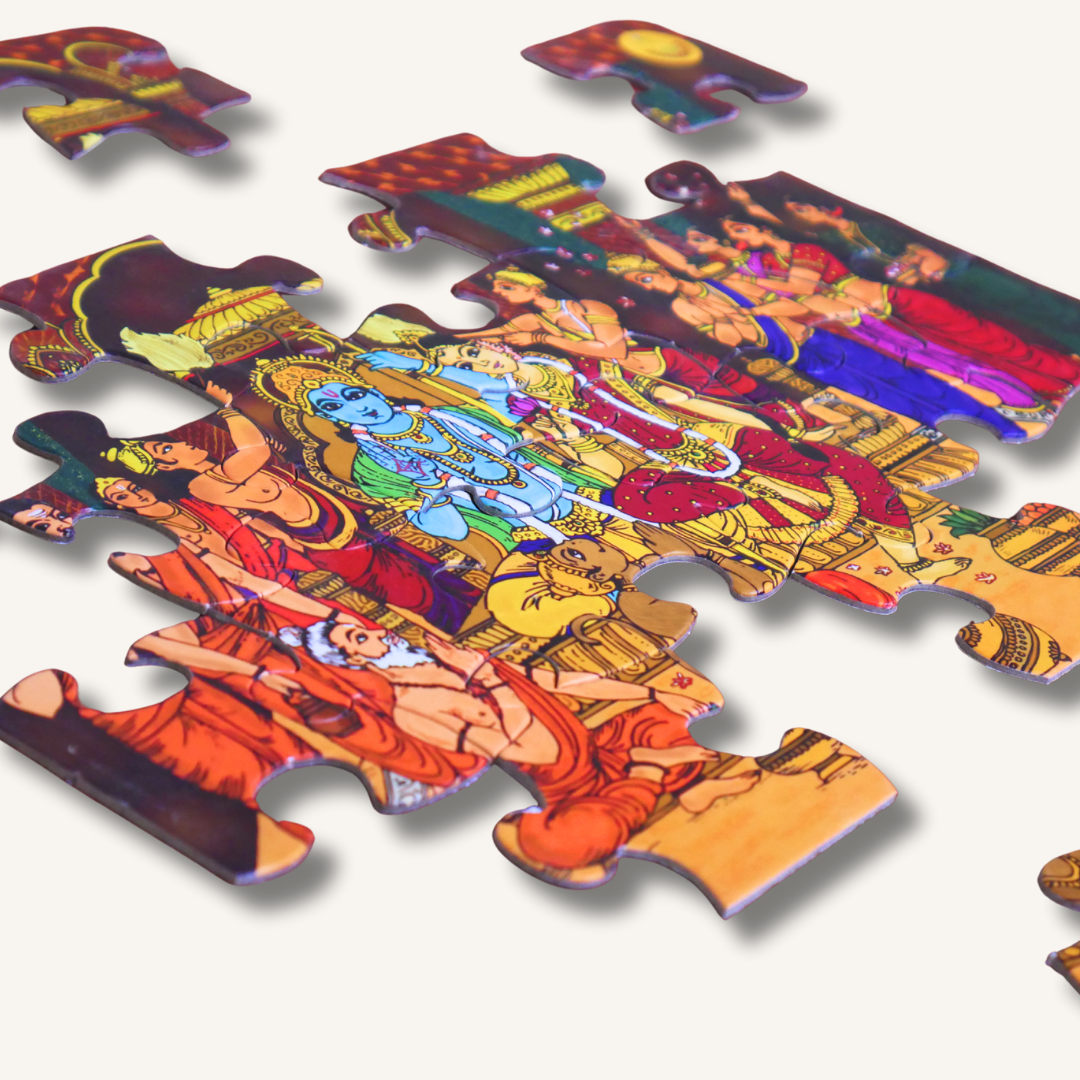 Colorful Sri Rama Pattabhisheka jigsaw puzzle for kids by Trita featuring traditional Indian artwork and vibrant imagery.