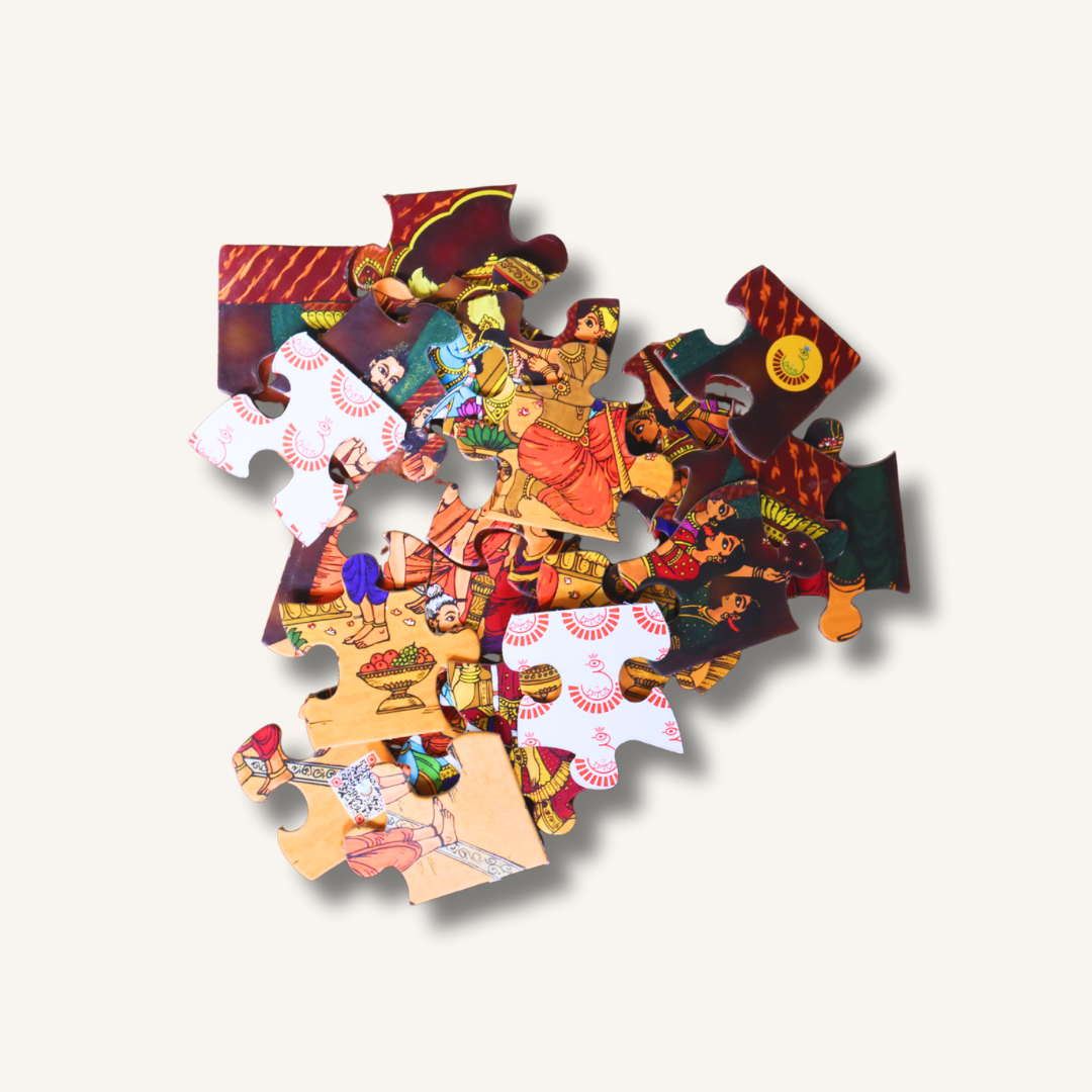 Colorful jigsaw puzzle featuring Sri Rama Pattabhisheka, designed for kids by Trita - Bharatiya Parampara, with vibrant Hindu mythological imagery.