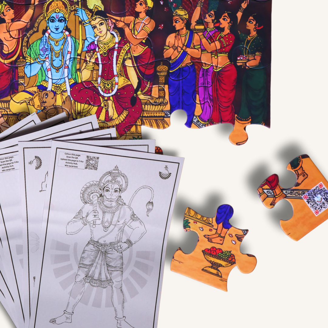 Colorful Sri Rama Pattabhisheka jigsaw puzzle for kids by Trita showcasing a vibrant scene from Indian mythology.