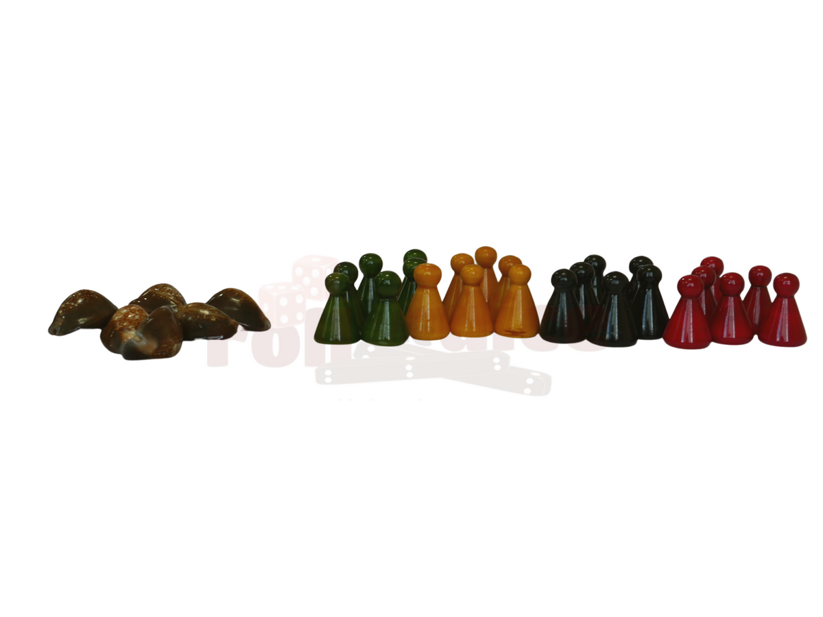 Handcrafted wooden Chowka Bara pawns from Channapatna, game accessory by Roll the Dice, featuring traditional craftsmanship.