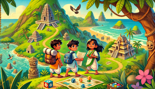 3 kids explore an island searching for lost board game