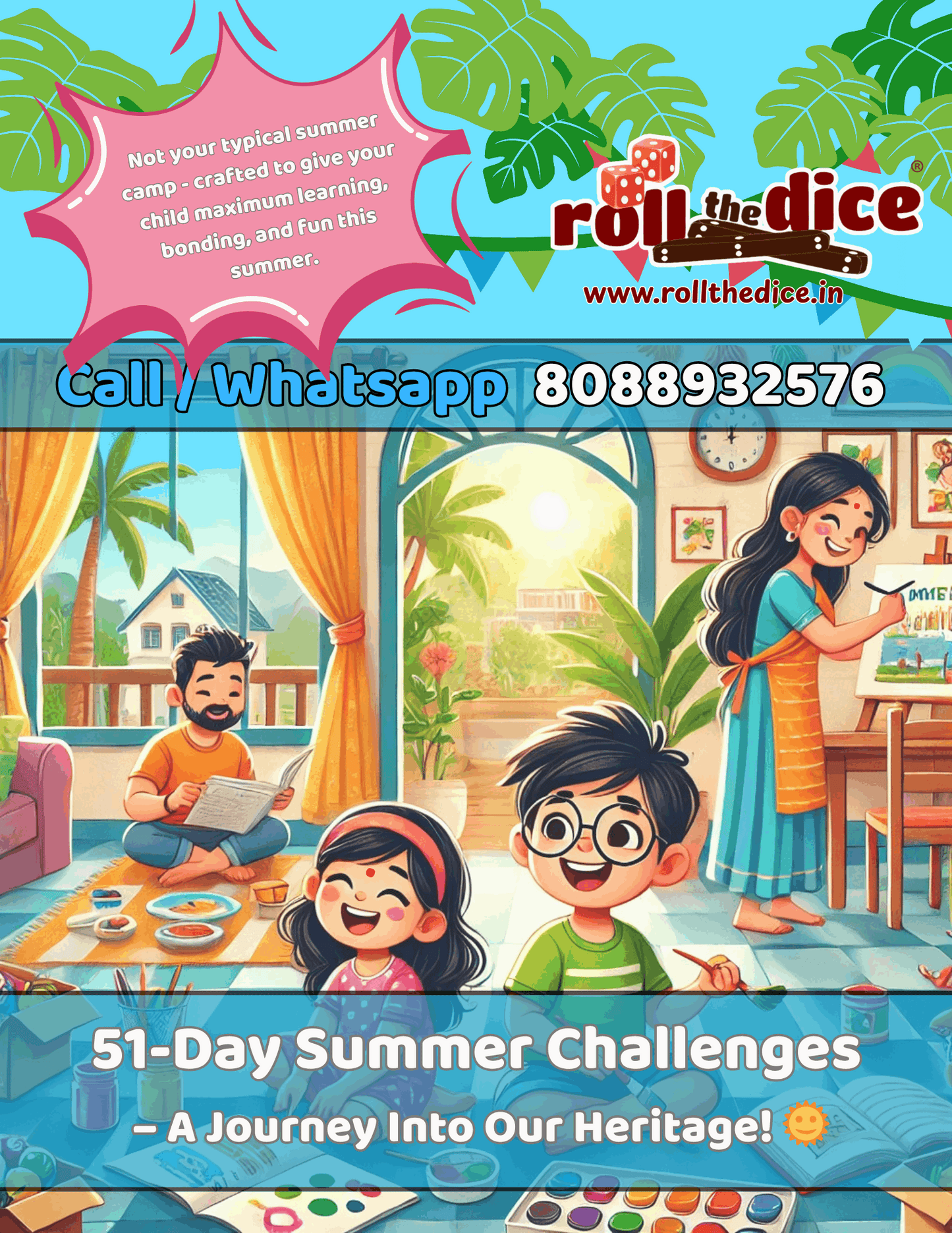 Roll the Dice Heritage Learning Un-Camp 2025 educational tool for kids, featuring colorful adventure-themed design on a vibrant background.