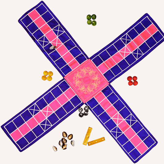 Heritage Pachisi board game by Roll the Dice, featuring a traditional Indian design with colorful game pieces on a wooden board.