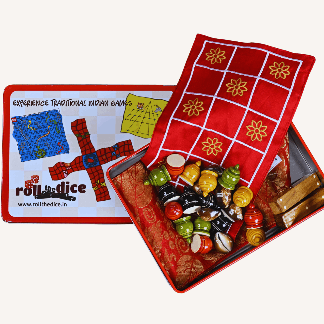 Roll the Dice Pachisi board game with a colorful Indian Chausar-9 game board for traditional play.