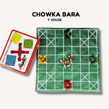 Chomal Ishto 5 and 7 Houses Combo board game by Roll the Dice, featuring traditional heritage Chowka Bara design with colorful game pieces.