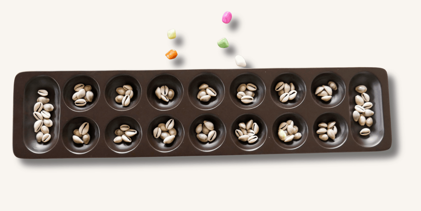 Satkoli board game by Roll the Dice, featuring colorful game pieces and traditional design elements on a wooden game board.
