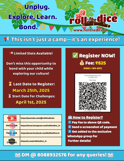Heritage Learning Un-Camp 2025 educational tool by Roll the Dice, featuring colorful adventure-themed graphics for kids' learning activities.