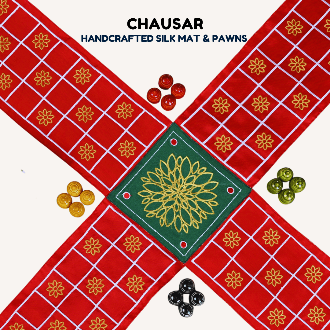 Traditional Indian Pachisi board game by Roll the Dice with colorful chausar game board and game pieces for strategic play.