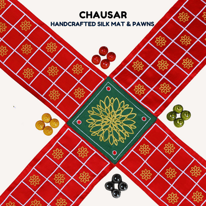 Traditional Indian Pachisi board game by Roll the Dice with colorful chausar game board and game pieces for strategic play.
