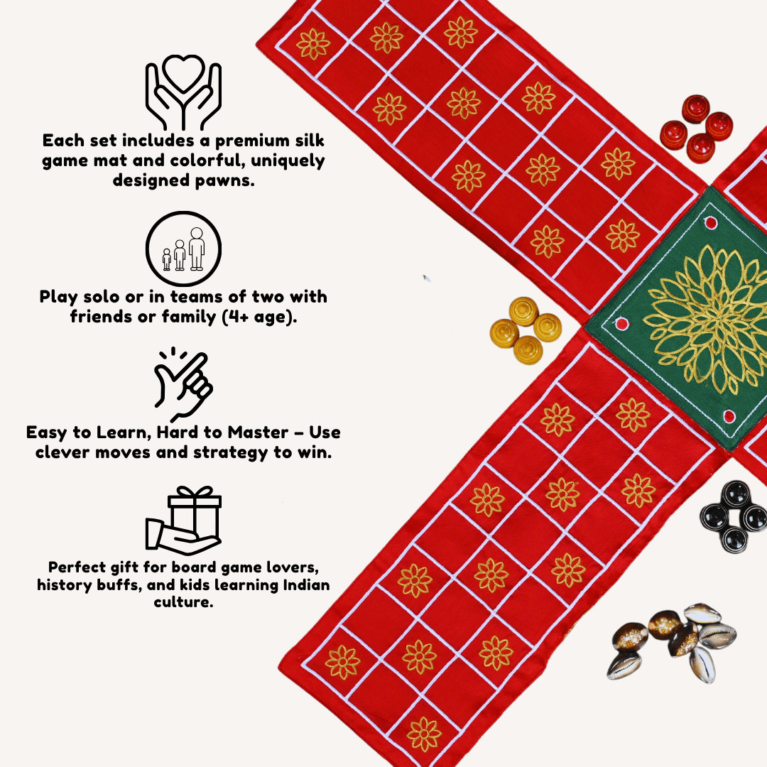 Traditional Pachisi Indian board game by Roll the Dice, featuring a colorful Chausar game board with pawns and dice.