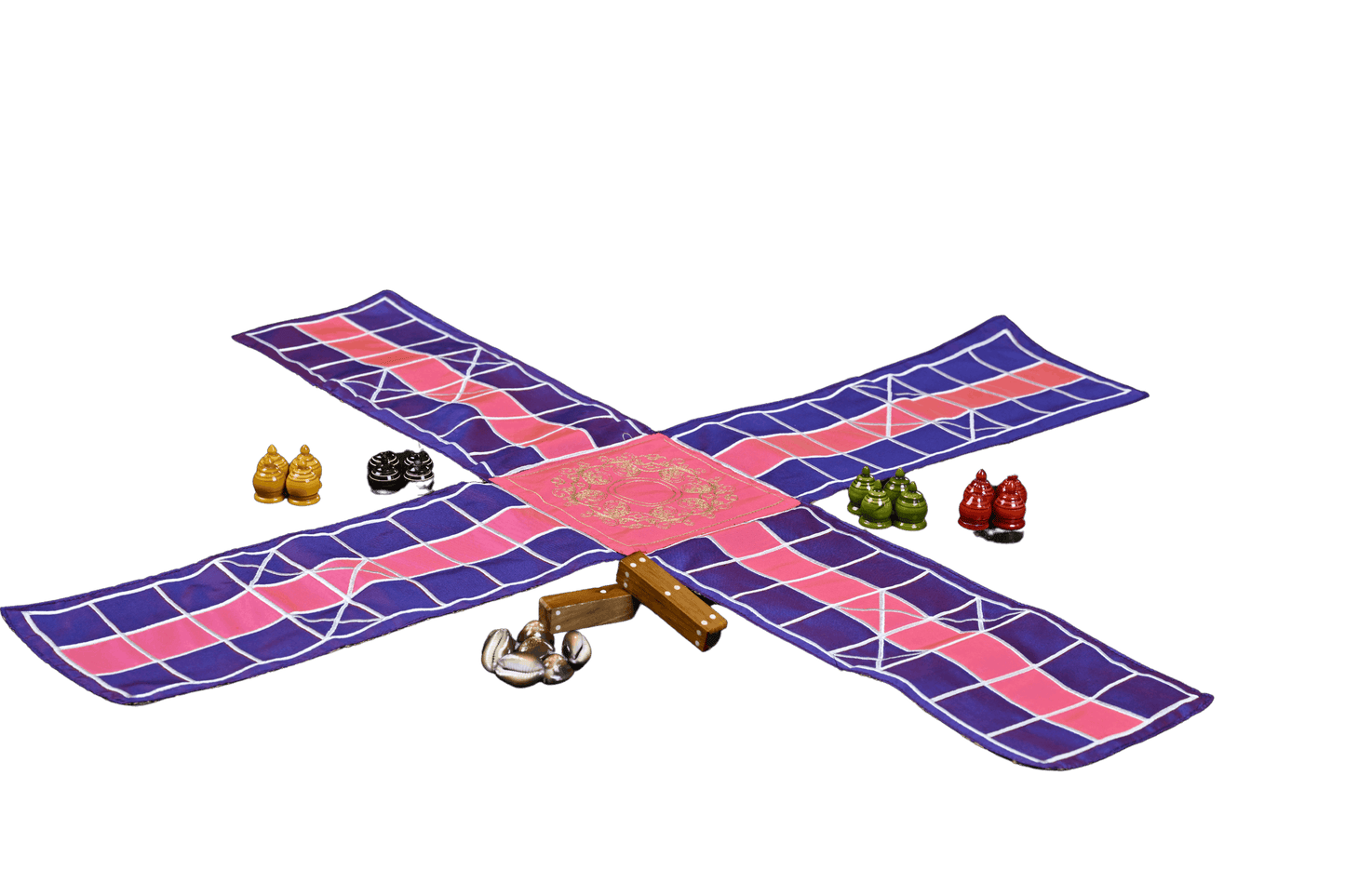 Colorful Pachisi board game for kids aged 10 by Roll the Dice, featuring traditional design and game pieces on a vibrant game board.