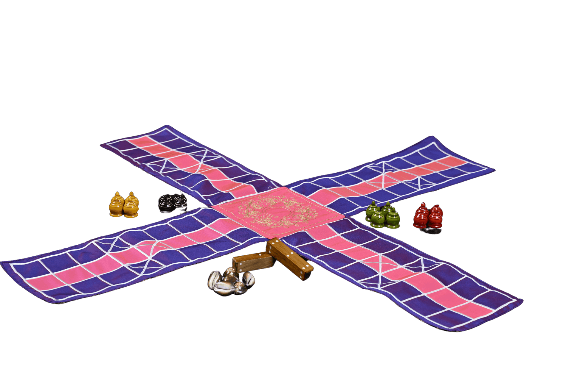 Colorful Pachisi board game for kids aged 10 by Roll the Dice, featuring traditional design and game pieces on a vibrant game board.