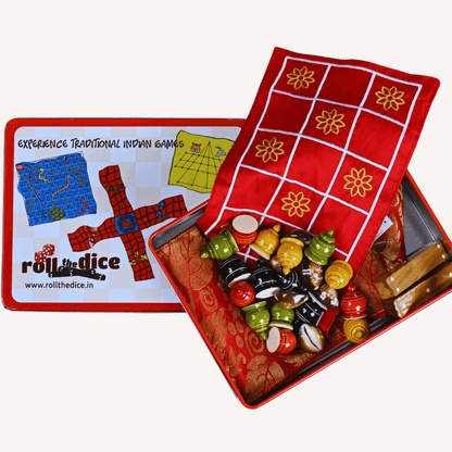 Roll the Dice Pachisi board game with a colorful Indian Chausar-9 game board for traditional play.