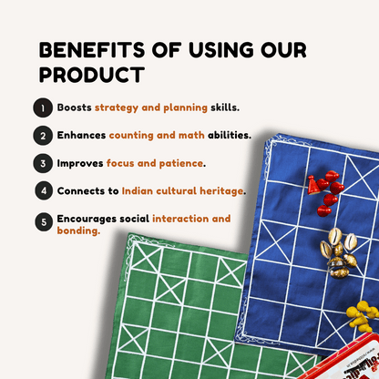 Chomal Ishto board game set featuring 5 and 7 houses, from Roll the Dice, with traditional heritage Chowka Bara design.