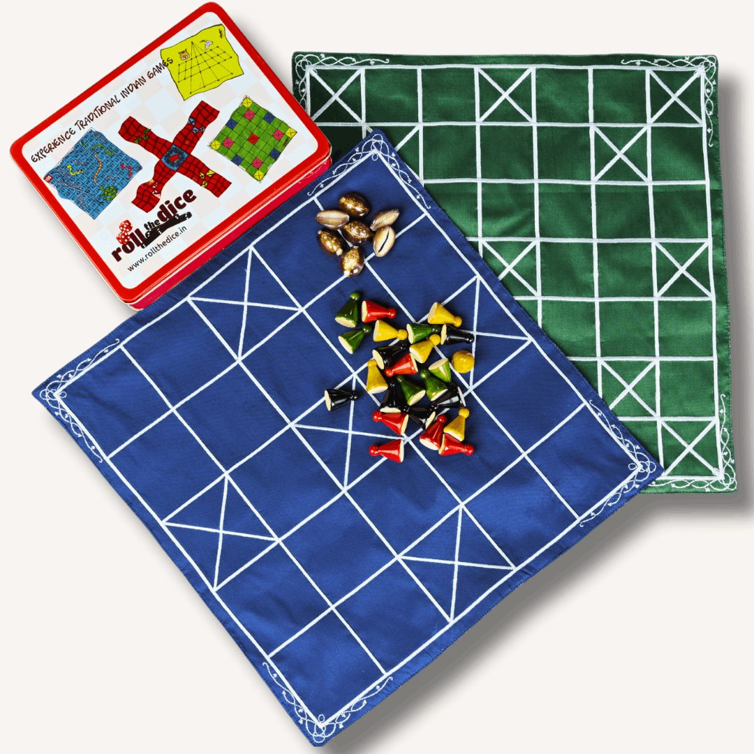 Heritage Chowka Bara 5 and 7 houses combo board game by Roll the Dice, showing traditional game pieces on a wooden board.