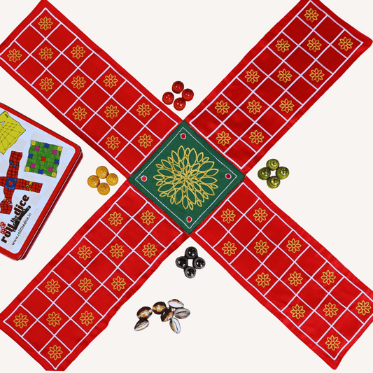 Traditional Indian Pachisi board game by Roll the Dice, featuring a colorful Chausar game board with dice and pawns.