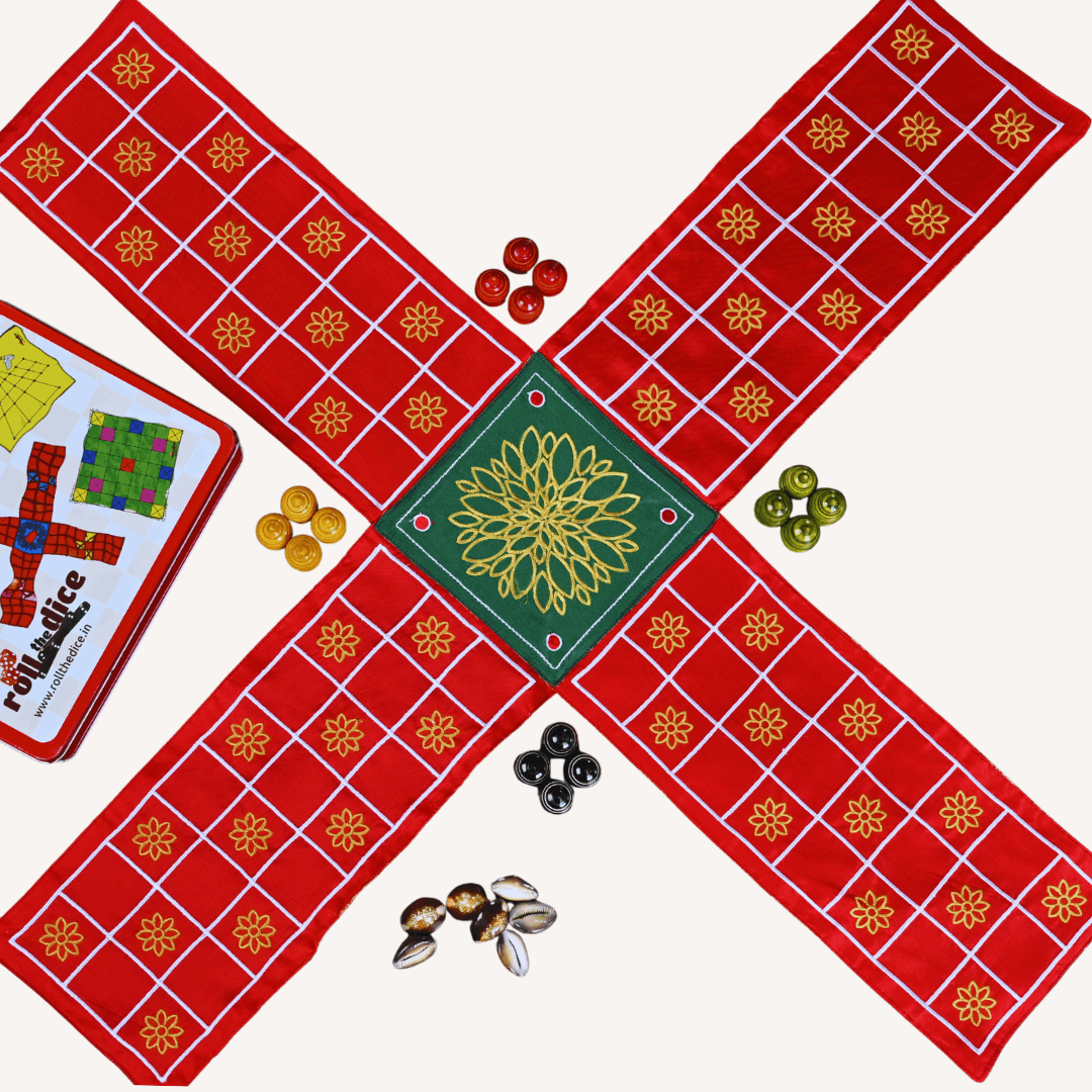 Traditional Indian Pachisi board game by Roll the Dice, featuring a colorful Chausar game board with dice and pawns.