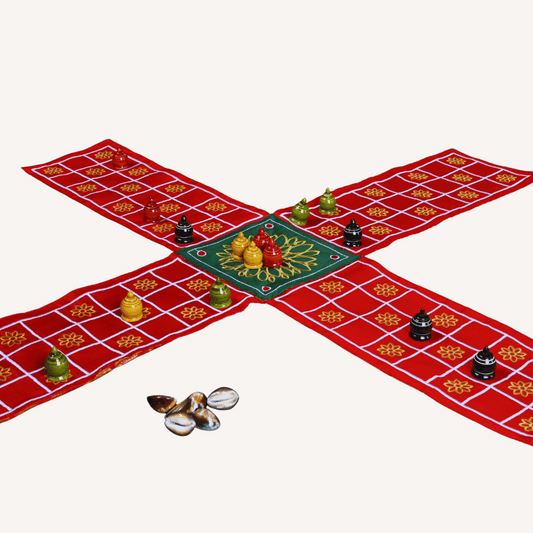 Traditional Indian Pachisi board game by Roll the Dice, featuring colorful Chausar game board for family entertainment.