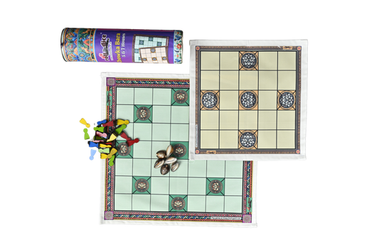Classic Chowka Bara Board Game | 5 & 7 House Combo Set with Durable Mat and Pawns