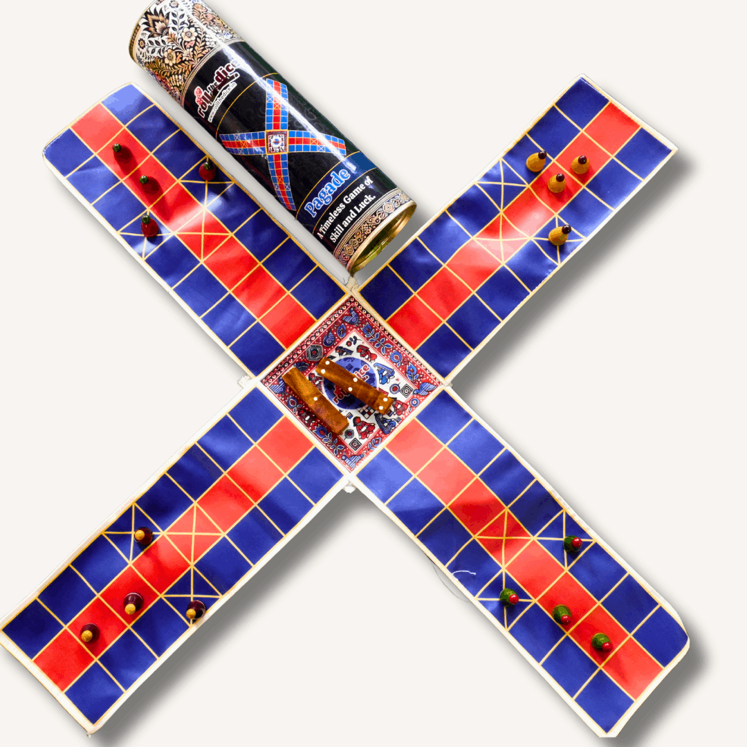 Colorful Pagade Indian board game set by Roll the Dice, featuring traditional Pachisi design and four vibrant color options.