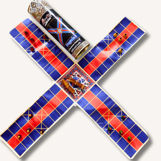 Colorful Pagade Indian board game set by Roll the Dice, featuring traditional Pachisi design and four vibrant color options.