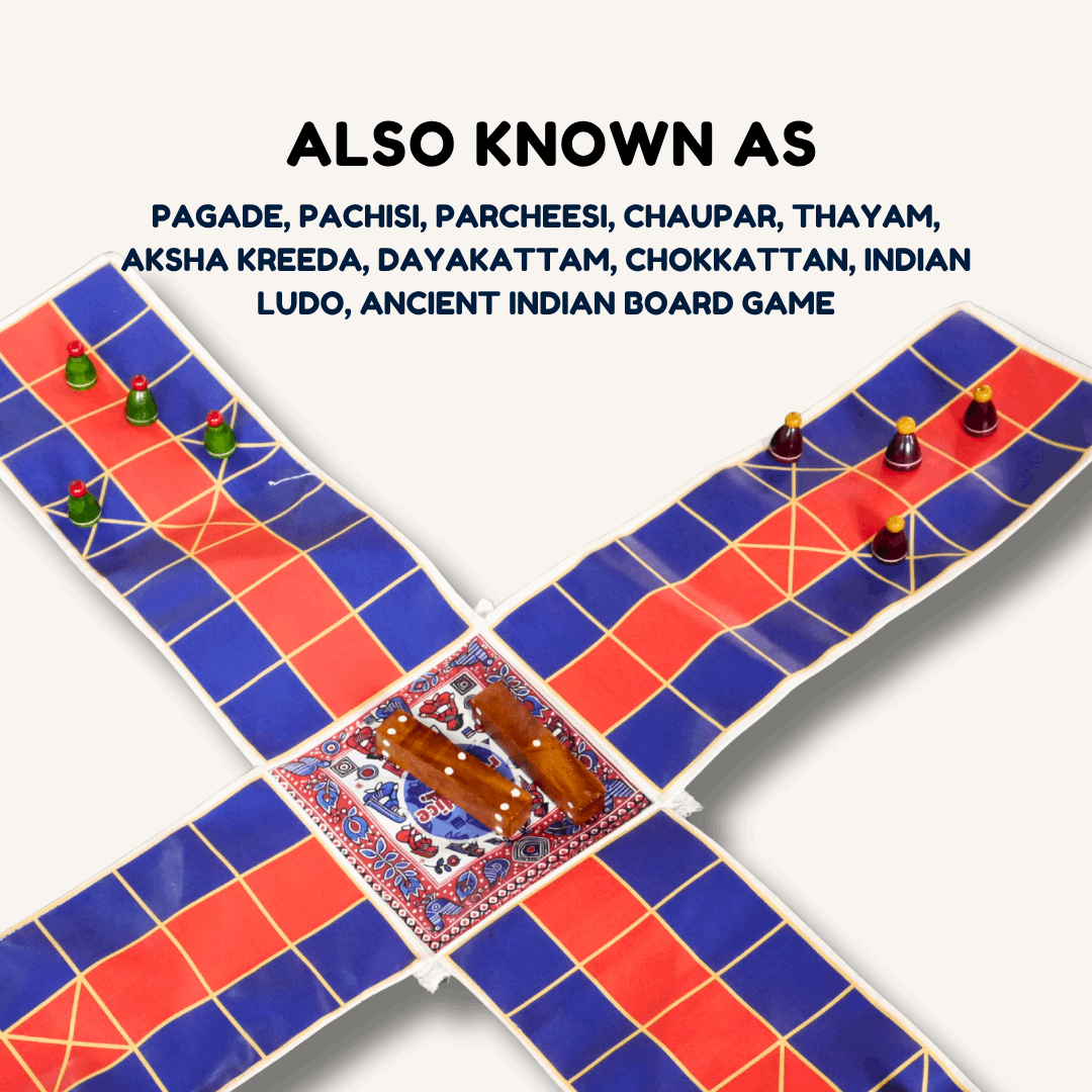 Colorful Pagade Indian board game set in four colors, traditional Pachisi game with ornate design by Roll the Dice.