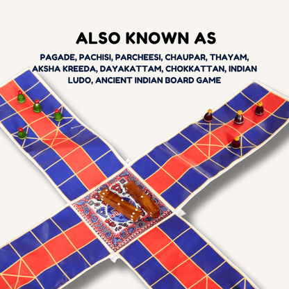 Colorful Pagade Indian board game set in four colors, traditional Pachisi game with ornate design by Roll the Dice.