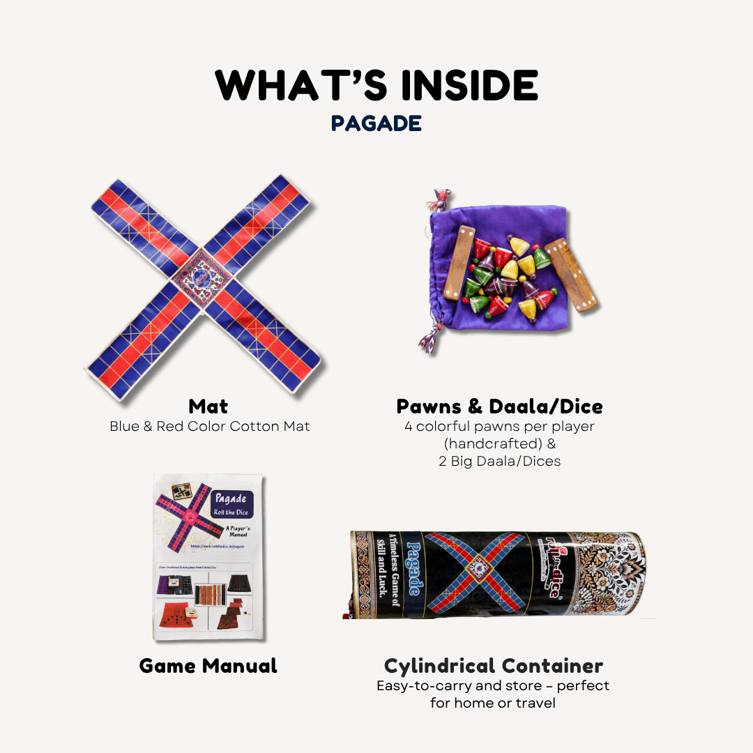 Colorful Pagade Indian board game set by Roll the Dice featuring traditional Pachisi design in four vibrant colors.