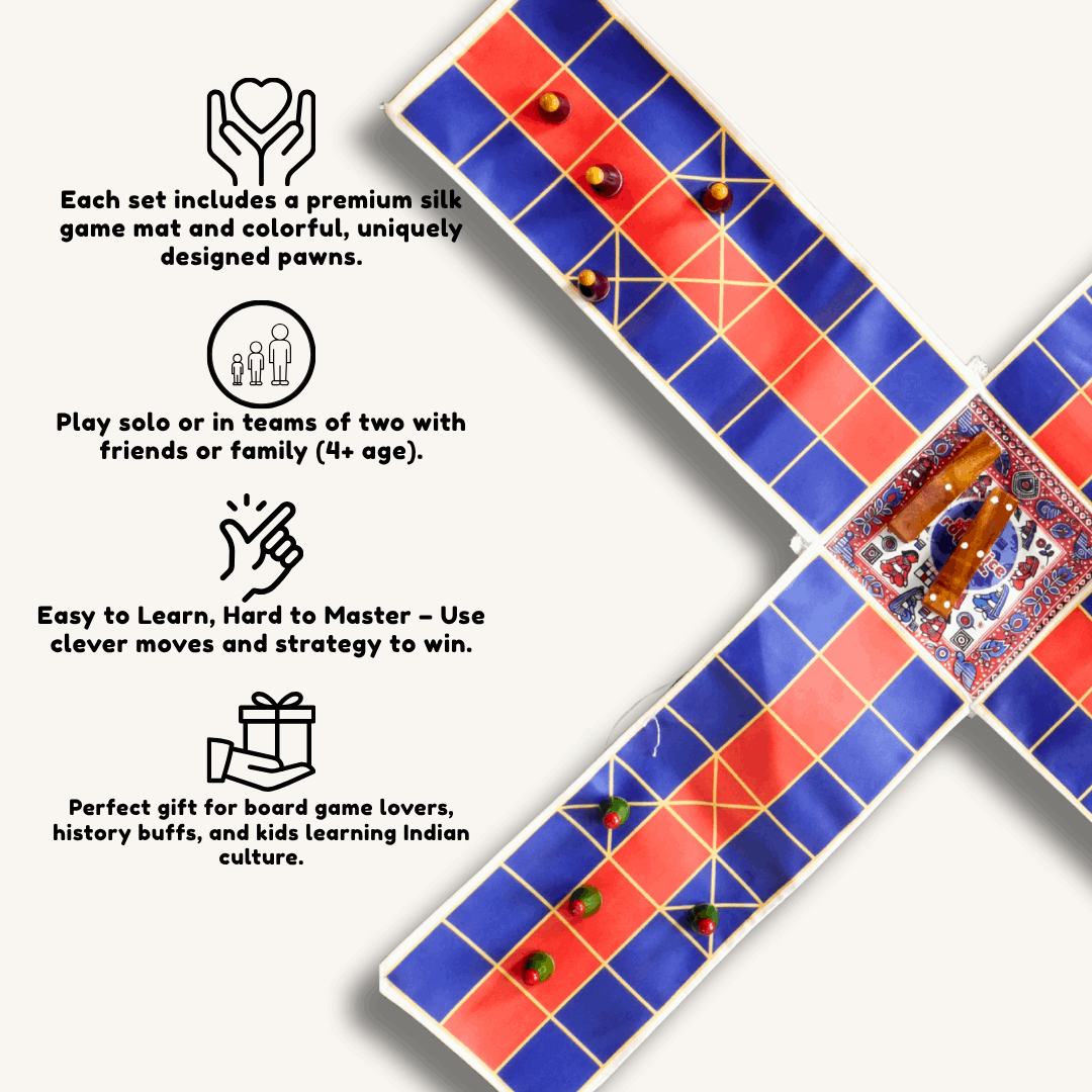 Colorful Pagade Indian board game set by Roll the Dice, featuring traditional Pachisi design with four vibrant color options.