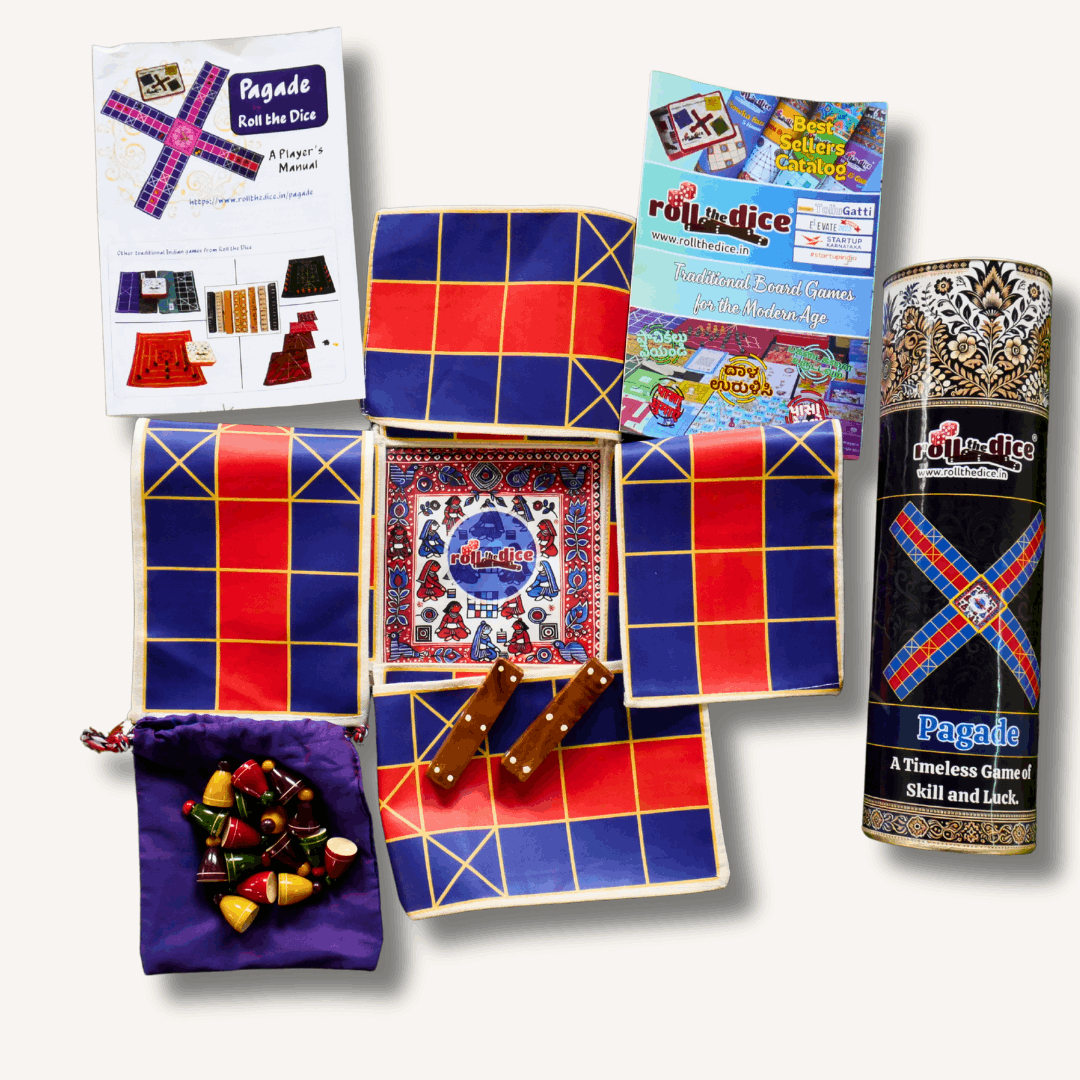Colorful Pagade Indian board game set by Roll the Dice featuring traditional Pachisi-style game pieces and a game board.