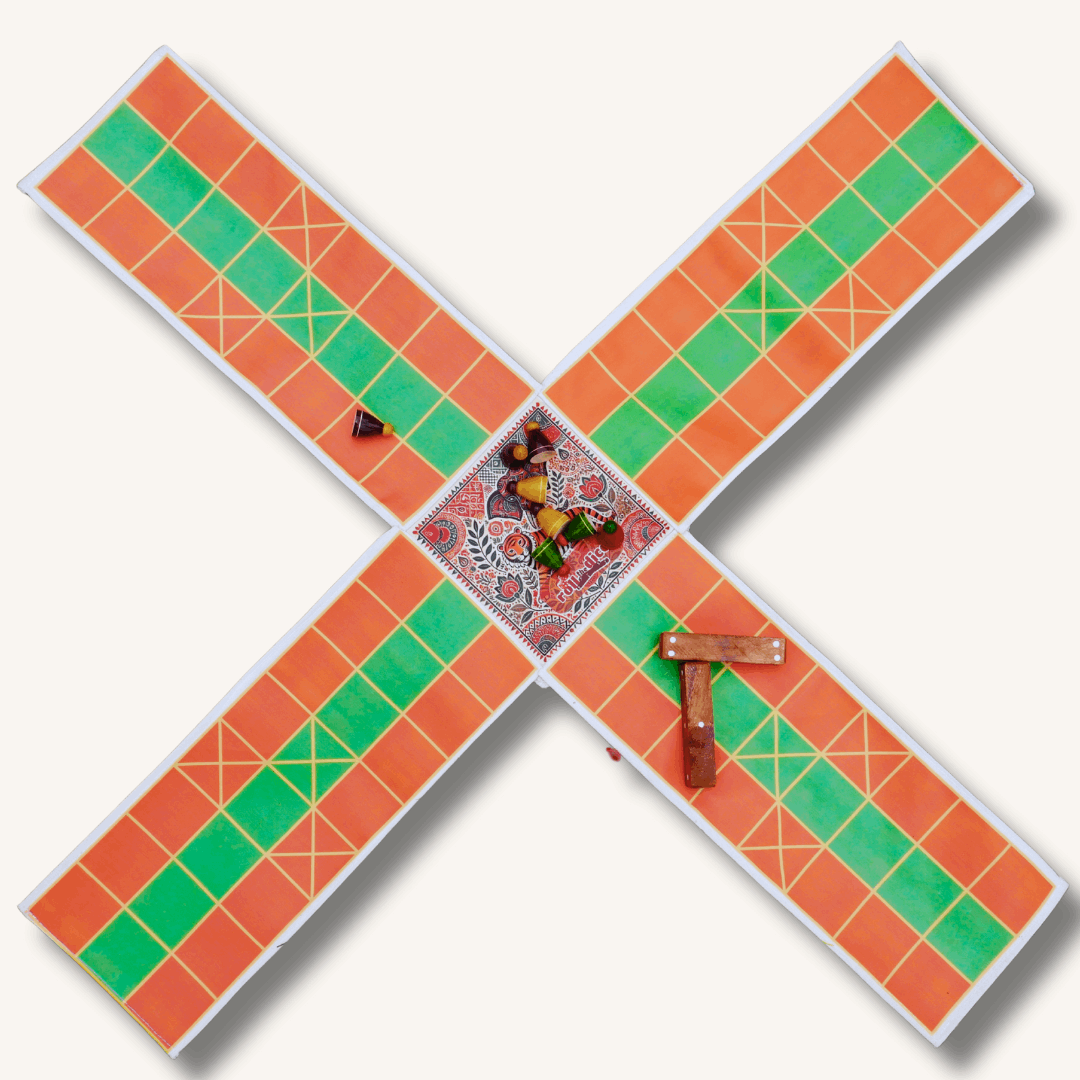 Colorful Pagade Indian board game set by Roll the Dice, featuring traditional Pachisi design in four vibrant colors.