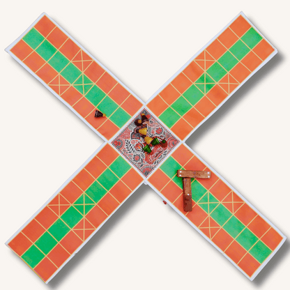 Colorful Pagade Indian board game set by Roll the Dice, featuring traditional Pachisi design in four vibrant colors.
